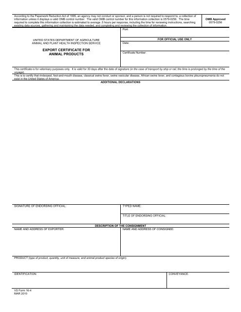 export certificate for animal products - U.S. Department of Agriculture