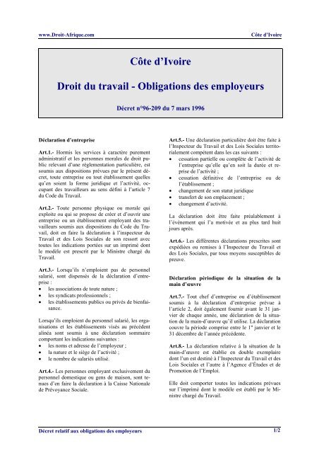 Cote D Ivoire Obligation Des Employeurs Droit Afrique Com