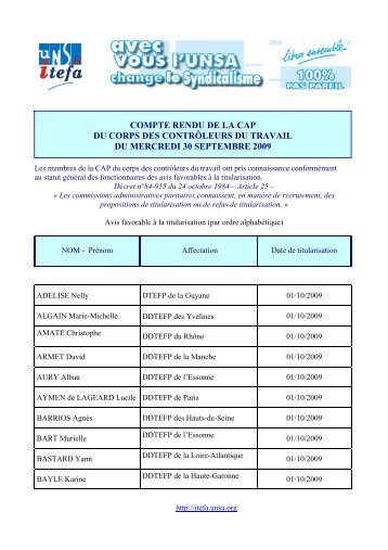 CAP contrÃ´leurs du travail 30 septembre 2009 - UNSA-Itefa