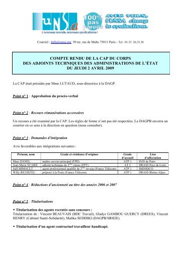 CAP des Adjoints Techniques du 2 avril 2009 - UNSA-Itefa