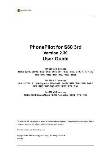 PhonePilot for S60 3rd Version 2.30 User Guide - Mobisophy ...