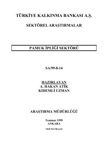 Pamuk İpliği Sektör Araştırması - Türkiye Kalkınma Bankası