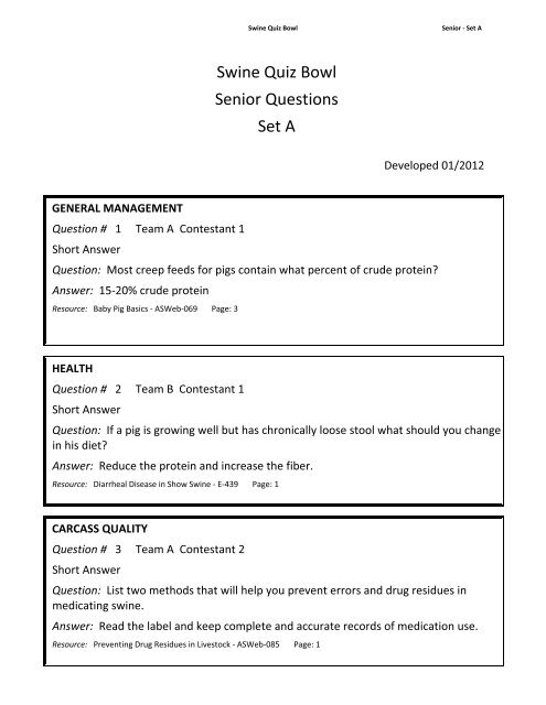 Swine Quiz Bowl Senior Questions Set A - Texas 4-H and Youth ...