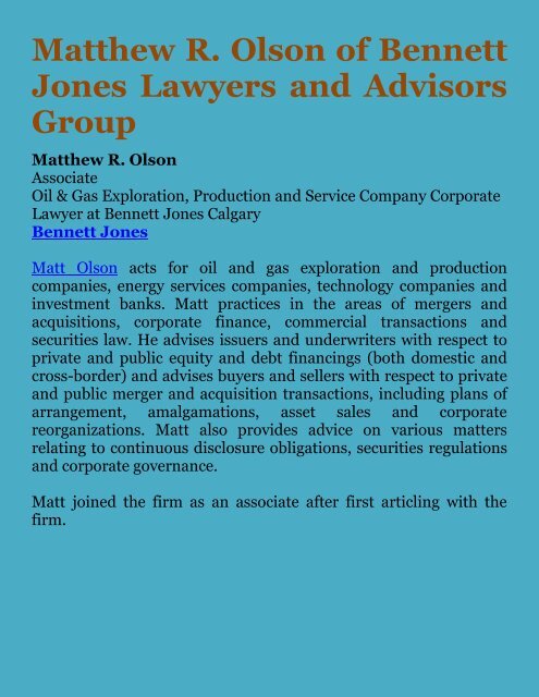 Matthew R. Olson of Bennett Jones Lawyers and Advisors Group