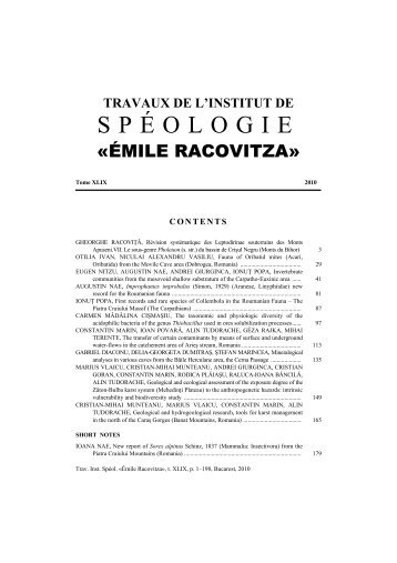 Contents - Travaux de L'Institut de Speologie "Emile Racovitza"