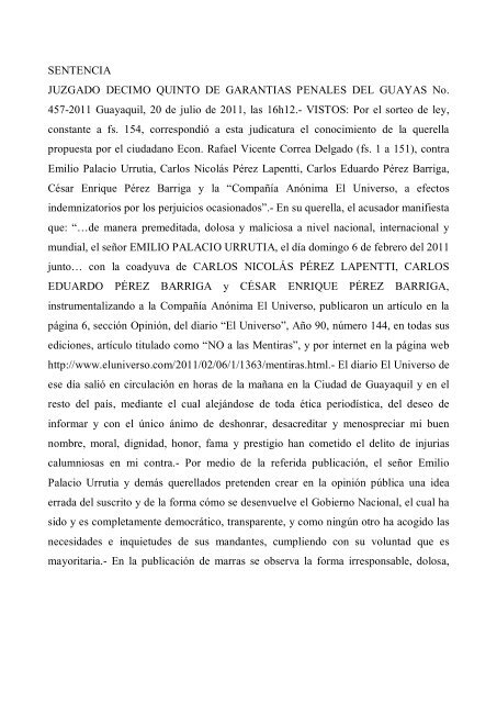 Documento de la sentencia contra EL UNIVERSO