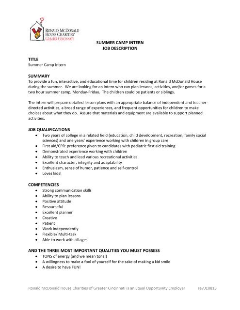 summer camp intern job description title summary job qualifications ...