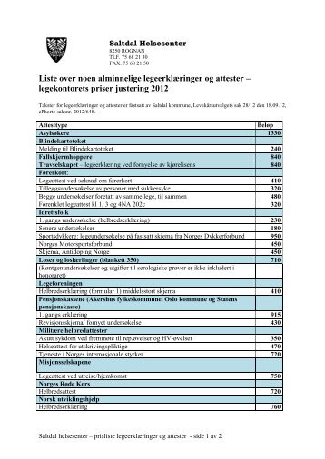 Liste over noen alminnelige legeerklÃ¦ringer og ... - Saltdal Kommune