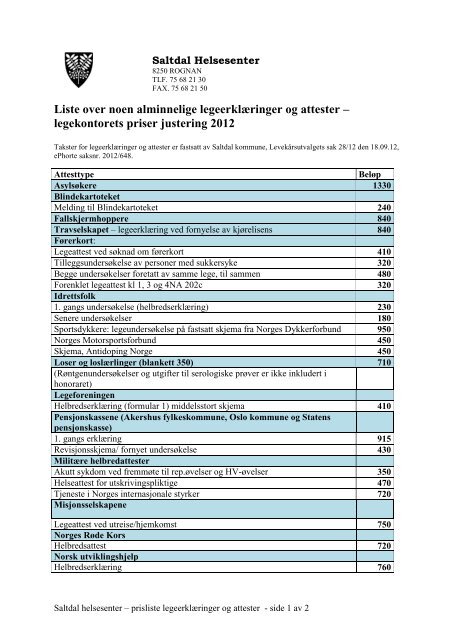 Liste over noen alminnelige legeerklÃ¦ringer og ... - Saltdal Kommune