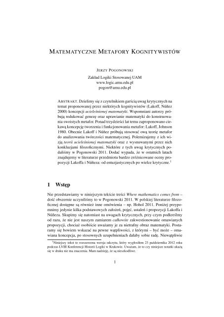 Matematyczne metafory kognitywistÃ³w. - ZakÅad Logiki Stosowanej ...