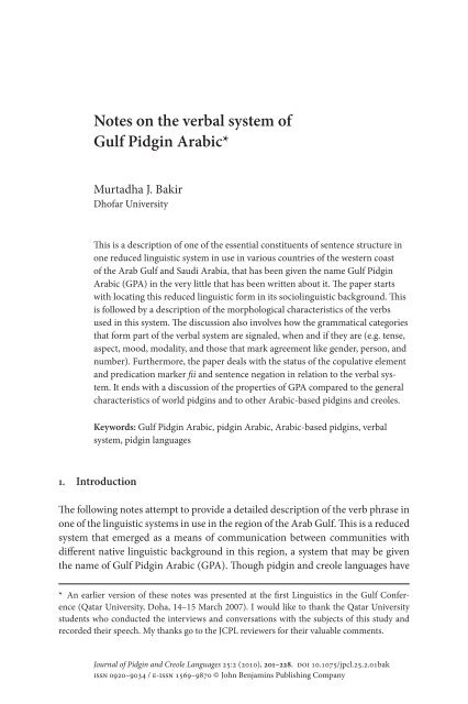 Notes on the verbal system of Gulf Pidgin Arabic
