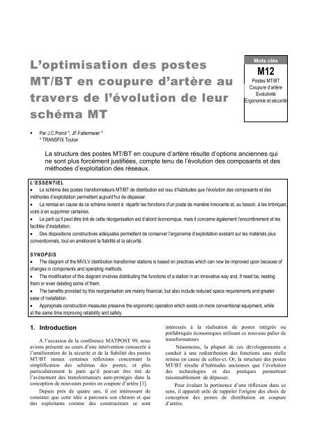 L'optimisation des postes MT/BT en coupure d'artÃ¨re ... - matpost 2003