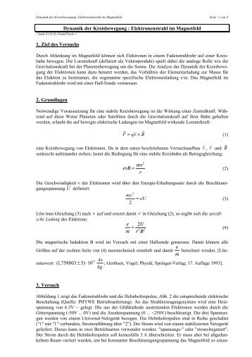 Dynamik der Kreisbewegung : Elektronenstrahl im Magnetfeld 1 ...