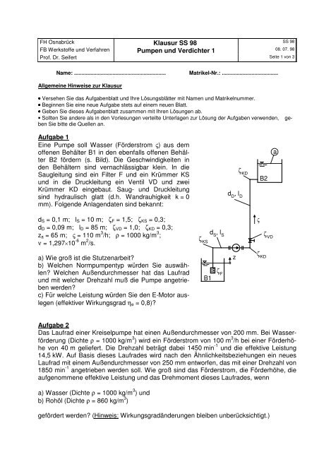 Klausur SS 98 Pumpen und Verdichter 1 Aufgabe 1 Eine Pumpe soll 