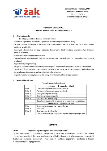 Program praktyk- technik BHP sem I i II - Starachowice - Centrum