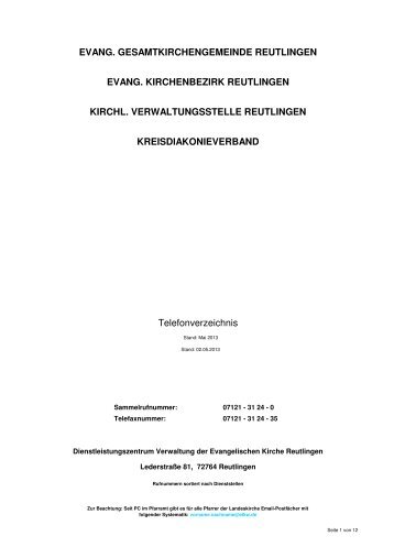 Telefonverzeichnis - Evangelischer Kirchenbezirk Reutlingen