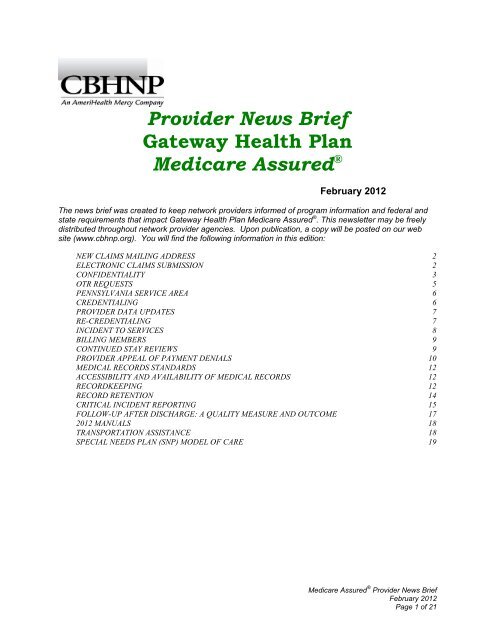 Provider News Brief Gateway Health Plan Medicare ... - CBHNP