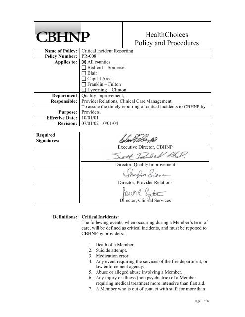 PR-008 Critical Incident Report - CBHNP