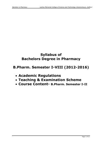 Syllabus of Bachelors Degree in Pharmacy B.Pharm. Semester I-VIII ...