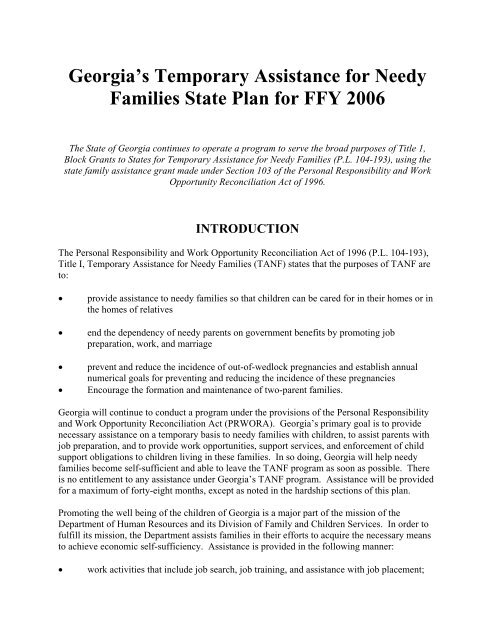 Georgia&rsquo;s Temporary Assistance for Needy Families State Plan for 