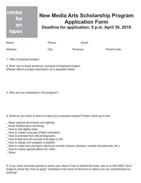 New Media Arts Scholarship Program Application Form Deadline for ...