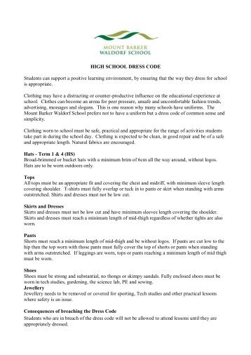 High School Dress Code Policy - Mount Barker Waldorf School