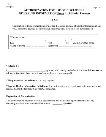 Authorization For Use or Disclosure of Health Information From Arch ...