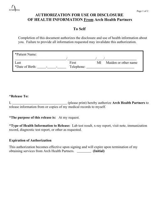 Authorization For Use or Disclosure of Health Information From Arch ...