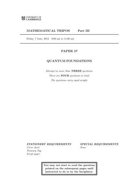 MATHEMATICAL TRIPOS Part III PAPER 57 QUANTUM ...