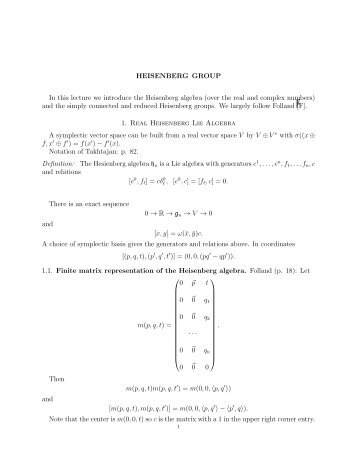 HEISENBERG GROUP In this lecture we introduce the Heisenberg ...