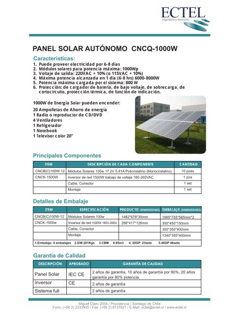 PANEL SOLAR AUTÃNOMO CNCQ-1000W - Ectel