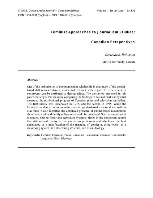 Feminist Approaches to Journalism Studies: Canadian Perspectives