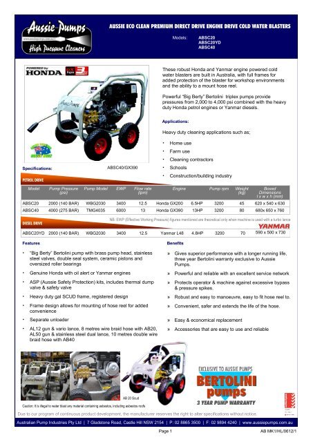 high pressure water blaster PDF [229KB] - Aussie Pumps