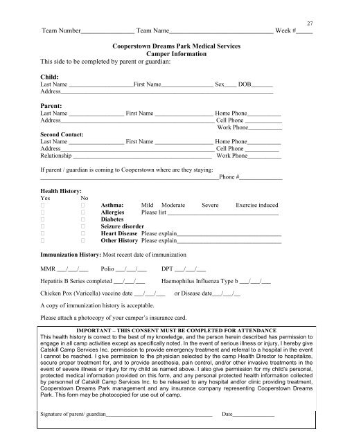 Camp Health History and Examination Form - the Cooperstown ...