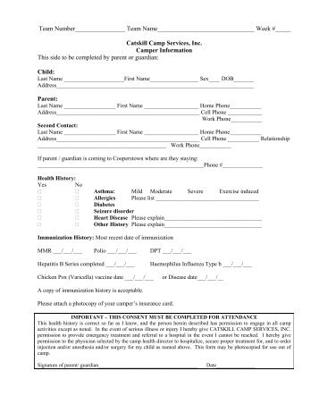 Camp Health History and Examination Form - the Cooperstown ...