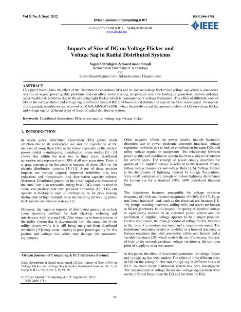 Impacts of Size of DG on Voltage Flicker and Voltage Sag in Radial ...
