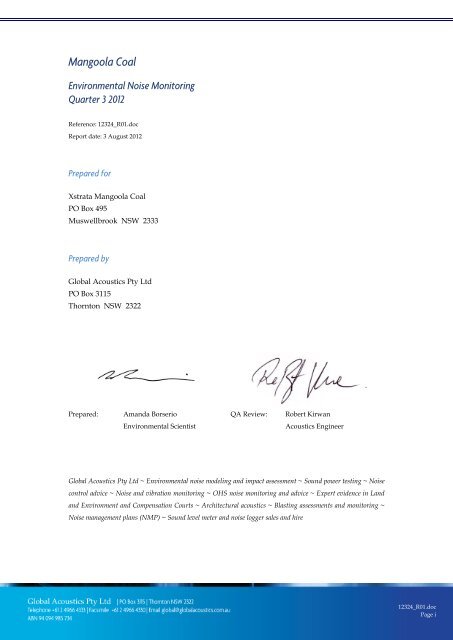 APPENDIX I: Noise Monitoring Data - Xstrata Coal Mangoola