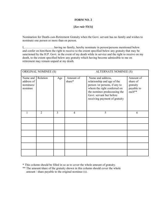 FORM NO. 2 [See rule 53(1)] Nomination for Death-cum-Retirement ...