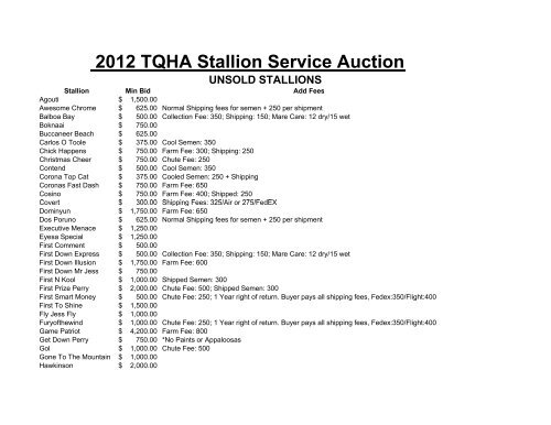 UNSOLD STALLIONS 2012 TQHA Stallion Service Auction