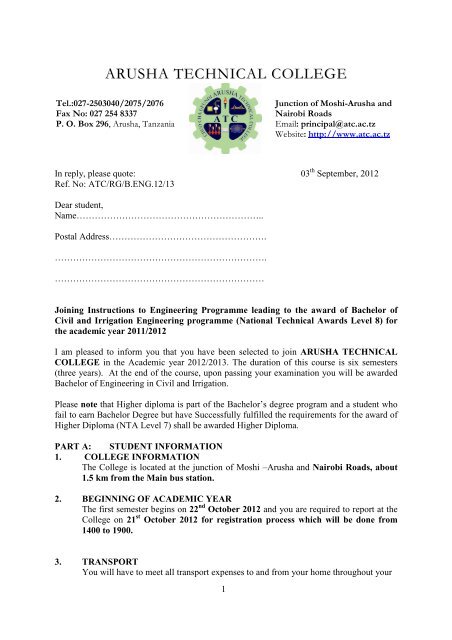 Joining Instruction 2012 Final B Eng Arusha Technical College Joining Instruction 2012 Final B Eng Arusha Technical College