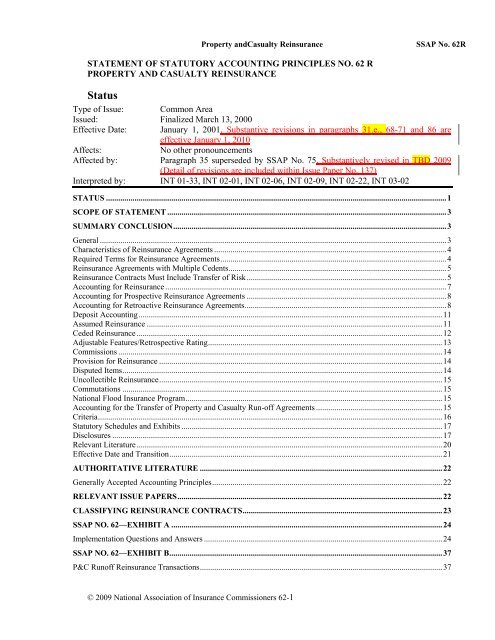 Statutory Issue Paper No62R - Reinsurance Focus