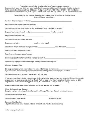 Town of Hammonton Worker Comp Reporting Form For employees ...