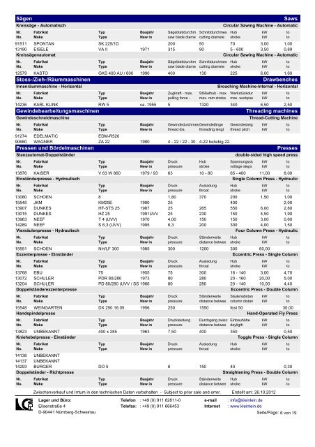 Lagerliste Stocklist - Johann Kleinlein Werkzeugmaschinen