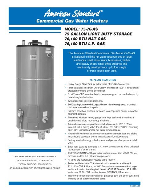 Commercial Gas Water Heaters - American Standard Commercial ...