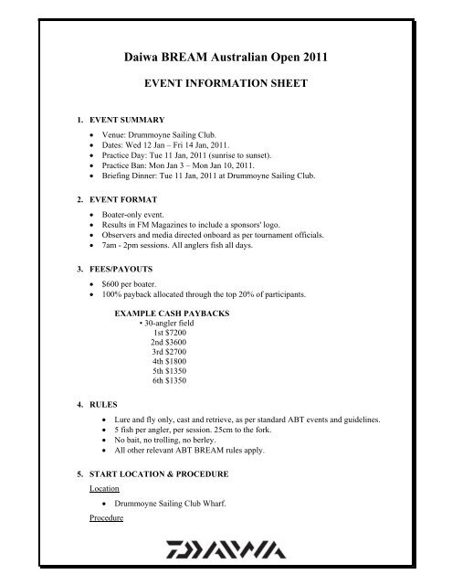 Daiwa BREAM Australian Open 2011 EVENT INFORMATION SHEET