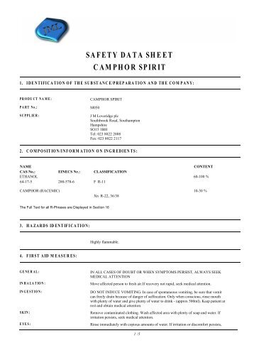 SAFETY DATA SHEET CAMPHOR SPIRIT - J.M.Loveridge plc