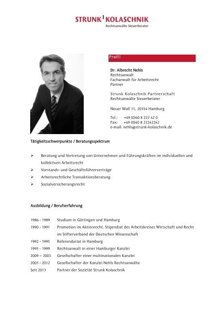 Profil Dr. Albrecht Nehls Rechtsanwalt Fachanwalt fÃ¼r Arbeitsrecht ...