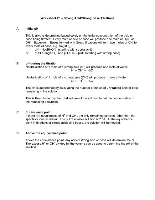 Worksheet 23 â€“ Strong Acid/Strong Base Titrations A. Initial pH This 