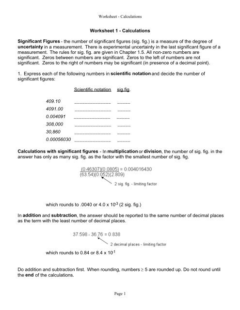 Worksheet 1 Calculations Significant Figures The Number Of