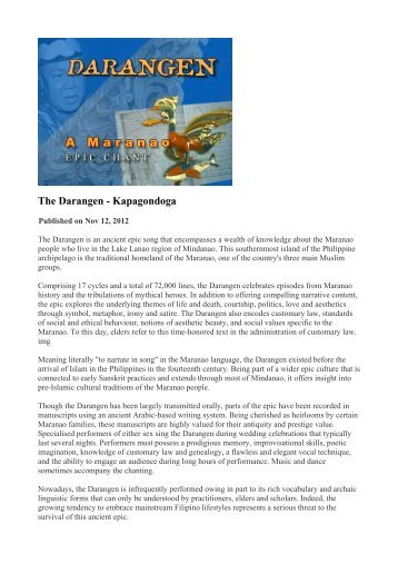 The Darangen - Kapagondoga - Philippine Culture: Overview Culture